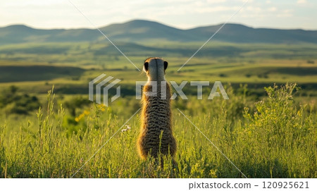 Meerkat observing vast savanna landscape during golden hour. Wildlife and solitude concept 120925621