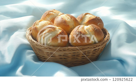 Basket of freshly baked bread rolls on soft blue fabric, warm morning light. Homemade baking and cozy breakfast concept 120925622