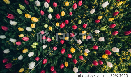 Colorful tulip field from above with vibrant blooms, aerial view. Nature and spring concept 120925623