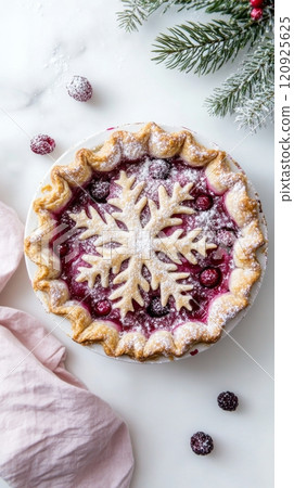 Cherry pie with snowflake design, top view. Winter holiday dessert and festive baking concept Cherry pie with snowflake design, top view. Winter holiday dessert and festive baking concept 120925625