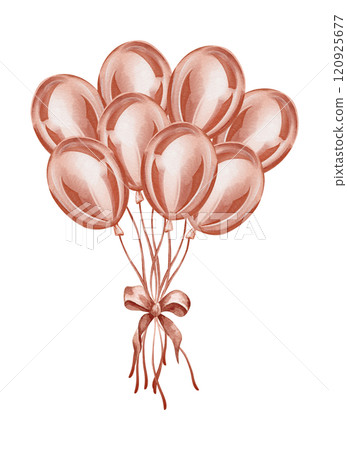 Festive elegant background, air helium balloons with ribbons. Watercolor rose gold bunch of balloons. 120925677