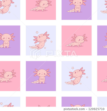 Seamless pattern with cute pink Axolotl. Funny multi-colored checkered background with little cartoon kawaii character. Vector illustration. Kids collection. Seamless pattern with cute pink Axolotl. Funny multi-colored checkered background with little cartoon kawaii character. Vector illustration. Kids collection. 120925710
