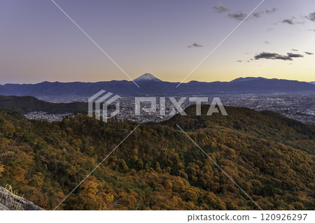 Night view of Kofu city and Mt. Fuji from the hiking trail at Lake Chiyoda in Kofu city Night view of Kofu city and Mt. Fuji from the hiking trail at Lake Chiyoda in Kofu city 120926297