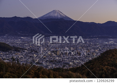 Night view of Kofu city and Mt. Fuji from the hiking trail at Lake Chiyoda in Kofu city Night view of Kofu city and Mt. Fuji from the hiking trail at Lake Chiyoda in Kofu city 120926299