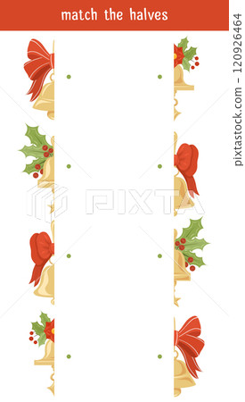 Vector festive template of childish educational game. Connect the halves of Christmas bells. Find the correct half of xmas decoration. 120926464