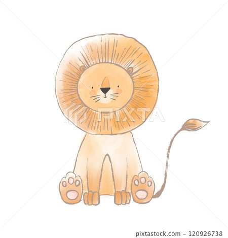 Beautiful stock illustration with cute lion. Safari animal clip art. Isolated naive style drawing. Childish hand drawn painting. 120926738