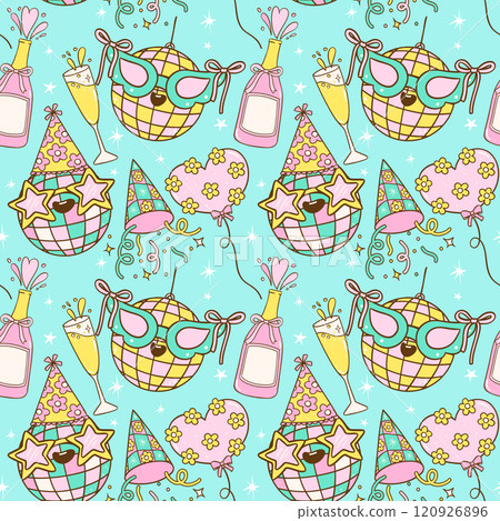 Festive Seamless Pattern Party Disco Ball New Year and Birthday cartoon doodle isolated on background 120926896