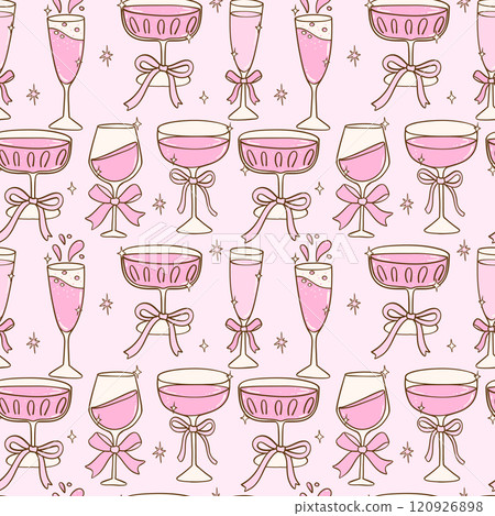 Party Seamless Pattern Coquette Retro Pink Drinks Celebration Hand Drawn Doodle 120926898