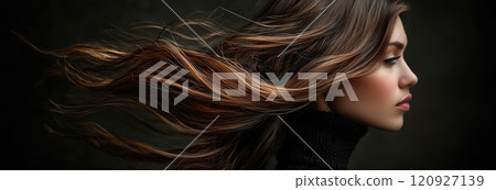Portrait of a young woman with flowing brown hair against dark background 120927139
