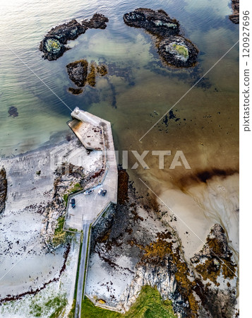 Aerial view of the Pier in Rossbeg in County Donegal during autumn - Ireland 120927696