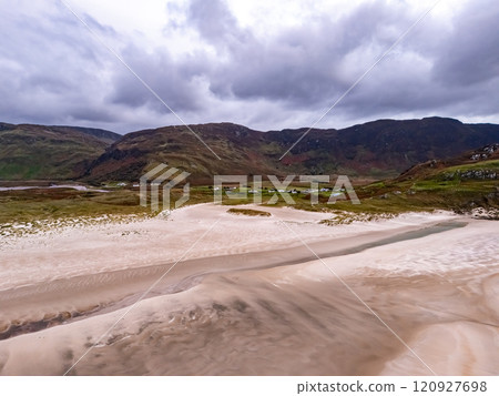Aerial view of the beach and caves at Maghera Beach near Ardara, County Donegal - Ireland. Aerial view of the beach and caves at Maghera Beach near Ardara, County Donegal - Ireland. 120927698