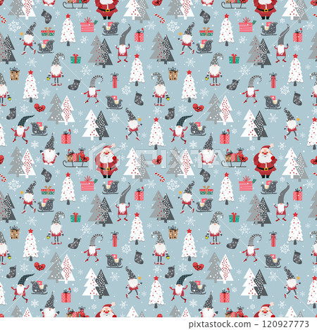 New Year illustration in Scandinavian style, gnomes, Santa Claus, Christmas trees, seamless pattern New Year illustration in Scandinavian style, gnomes, Santa Claus, Christmas trees, seamless pattern 120927773