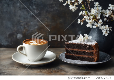 a cup of espresso next to a slice of rich chocolate cake or a buttery pastry 120927897