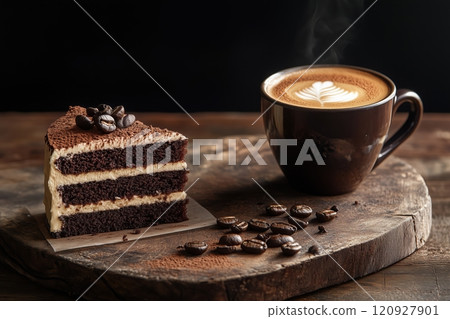 a cup of espresso next to a slice of rich chocolate cake or a buttery pastry a cup of espresso next to a slice of rich chocolate cake or a buttery pastry 120927901