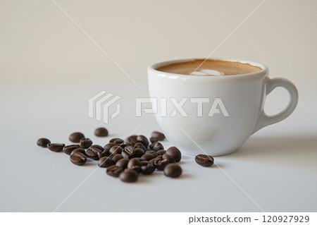 White cup of coffee with coffee beans nearby White cup of coffee with coffee beans nearby 120927929