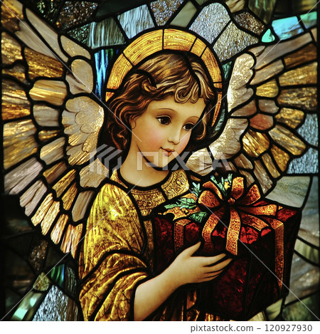 天使在彩色玻璃 AI 圖像中拿著聖誕禮物 天使在彩色玻璃 AI 圖像中拿著聖誕禮物 120927930