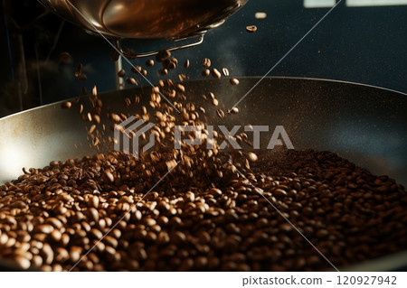 A dynamic shot of coffee beans being roasted in a large industrial roaster 120927942