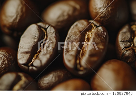 A macro shot of roasted coffee beans, highlighting their textured surface, rich brown color, and the natural oils glistening 120927943