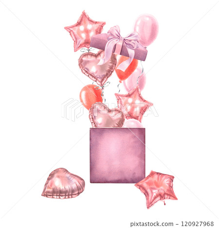 Festive balloons popping out of gift box. Hand drawn watercolor illustration of holiday element on isolated background. Suitable for Valentine's Day, weddings, birthdays greeting cards or invitations. 120927968