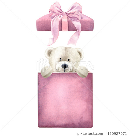 Cute teddy bear popping out of purple gift box. Hand drawn watercolor illustration of funny surprise for Birthday on isolated background. Perfect design for celebrations and children's events. Cute teddy bear popping out of purple gift box. Hand drawn watercolor illustration of funny surprise for Birthday on isolated background. Perfect design for celebrations and children's events. 120927971