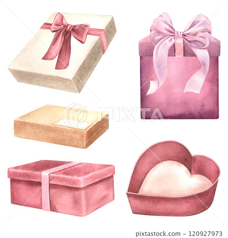 Gift cardboard boxes with ribbons and bows. Hand drawn watercolor illustration of presents for holidays on isolated background. Drawing of surprise package for Birthday greeting cards or invitations. Gift cardboard boxes with ribbons and bows. Hand drawn watercolor illustration of presents for holidays on isolated background. Drawing of surprise package for Birthday greeting cards or invitations. 120927973
