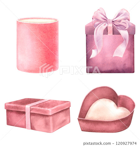 Set of different shaped gift cardboard boxes. Hand drawn watercolor illustration of presents for holidays on isolated background. Drawing of surprise package for Birthday greeting cards or invitations 120927974