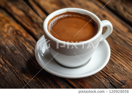 Traditional Turkish coffee in white cup on wooden table 120928056