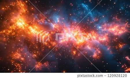 A vibrant cosmic scene featuring a colorful galaxy with clouds of dust and gas 120928120