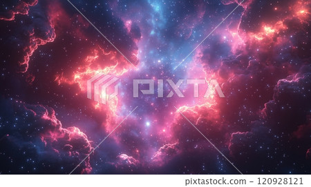 A vibrant cosmic scene featuring a colorful galaxy with clouds of dust and gas 120928121