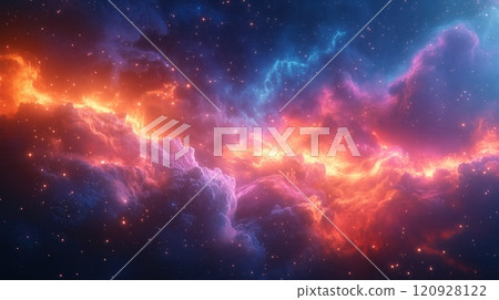 A vibrant cosmic scene featuring a colorful galaxy with clouds of dust and gas 120928122