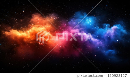 A vibrant cosmic scene featuring a colorful galaxy with clouds of dust and gas 120928127