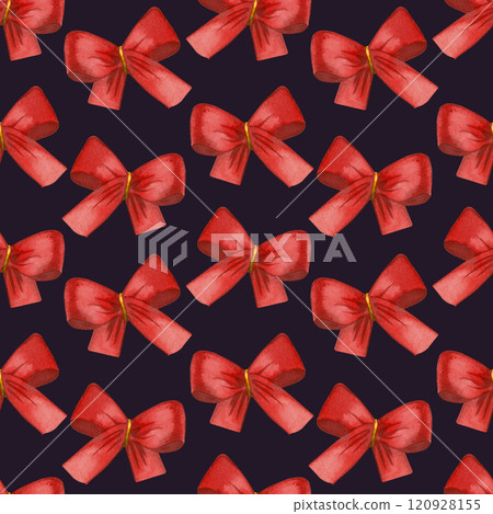 Bright red, pink festive bows hand painted with watercolor. Seamless watercolor pattern with a dark background. Suitable for printing on invitations, cards, for stationery and packaging. Bright red, pink festive bows hand painted with watercolor. Seamless watercolor pattern with a dark background. Suitable for printing on invitations, cards, for stationery and packaging. 120928155