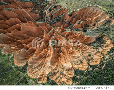 red sand and clay mountains Las Carcavas by Madrid, eroded badlands formation and desert landscape, aerial top view 120928169