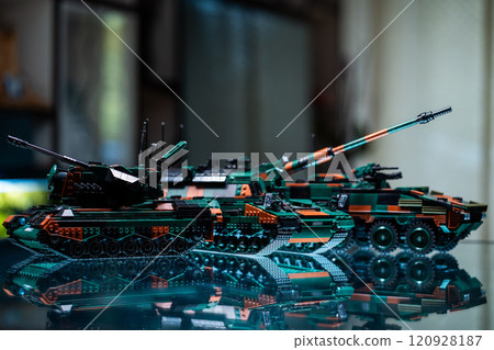 collection of plastic toy military vehicles and tanks models, building blocks and bricks construction set of armored war machines 120928187