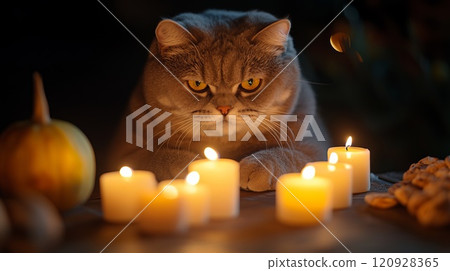 Cat Sitting on Table with Holiday Treats and Candles 120928365