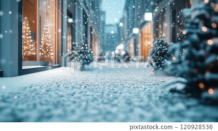 Snowy Street Decorated with Christmas Lights 120928536