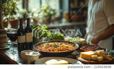Lavish dinner: dining table with paella and roast beef 120928696