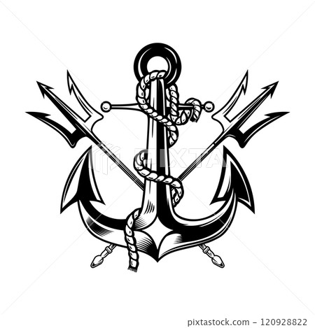 Illustration of sea anchor with crossed tridents. Design element for logo, sign, emblem. Vector illustration 120928822