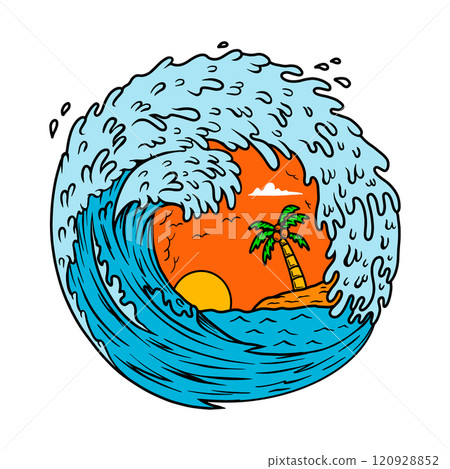 Illustration of palm and wave. Vector illustration 120928852