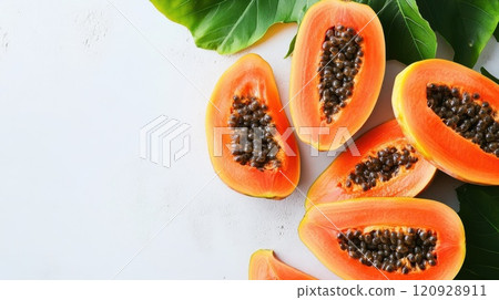 Fresh ripe papaya slices with vibrant orange flesh and black seeds, arranged with green leaves isolated on white background. Vegan food banner with copy space Fresh ripe papaya slices with vibrant orange flesh and black seeds, arranged with green leaves isolated on white background. Vegan food banner with copy space 120928911