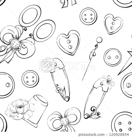 Vintage Sewing tools seamless background, pattern. Scissors, needles, buttons, pins, Spool of thread. Handcraft in retro style. Vintage romantic old fashion, tailoring for postcard, fabric, printing 120928934