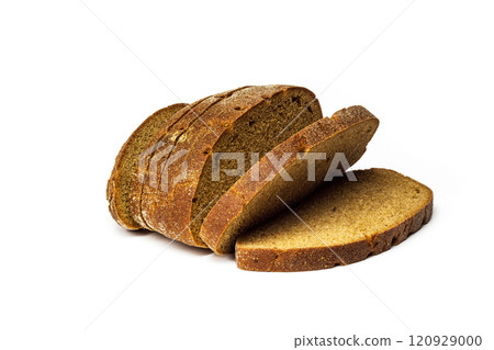 Several pieces of rye bread lie on a white background. On a white background there are several pieces of rye bread Several pieces of rye bread lie on a white background. On a white background there are several pieces of rye bread 120929000