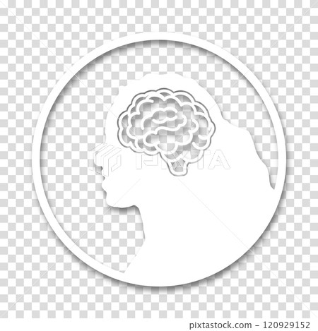 The head of a woman or girl is in a circle on transparent background. Medical concept icon of diseases of the brain, psychological disorder. Paper cut style icon with shadow. Vector illustration 120929152