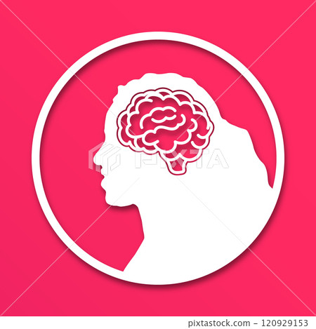 The head of a woman or girl is in a circle. Medical concept icon of diseases of the brain, psychological disorder. Paper cut style icon with shadow. Vector illustration 120929153