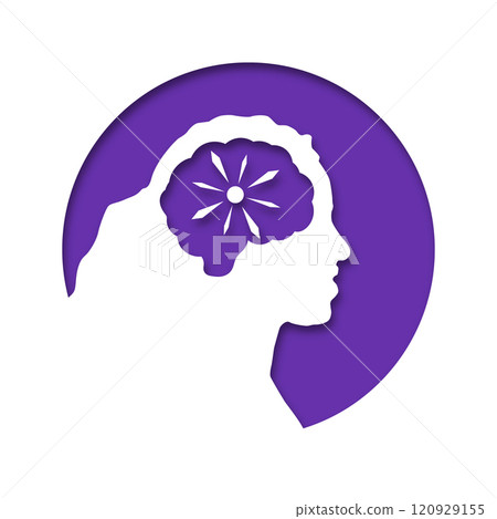 The head of a woman or girl is in a circle. Medical concept icon of diseases of the brain, psychological disorder. Paper cut style icon with shadow. Vector illustration The head of a woman or girl is in a circle. Medical concept icon of diseases of the brain, psychological disorder. Paper cut style icon with shadow. Vector illustration 120929155