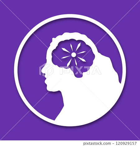 The head of a woman or girl is in a circle. Medical concept icon of diseases of the brain, psychological disorder. Paper cut style icon with shadow. Vector illustration The head of a woman or girl is in a circle. Medical concept icon of diseases of the brain, psychological disorder. Paper cut style icon with shadow. Vector illustration 120929157