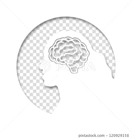 The head of a woman or girl is in a circle on transparent background. Medical concept icon of diseases of the brain, psychological disorder. Paper cut style icon with shadow. Vector illustration 120929158