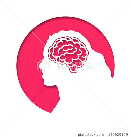 The head of a woman or girl is in a circle. Medical concept icon of diseases of the brain, psychological disorder. Paper cut style icon with shadow. Vector illustration The head of a woman or girl is in a circle. Medical concept icon of diseases of the brain, psychological disorder. Paper cut style icon with shadow. Vector illustration 120929159