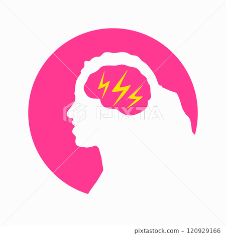 Migraine linear icon. Woman head with lightning bolt. Thunderclap head. Temple pressure, pain. Flu symptom. outline symbol. Vector illustration isolated outline drawing in pink color 120929166