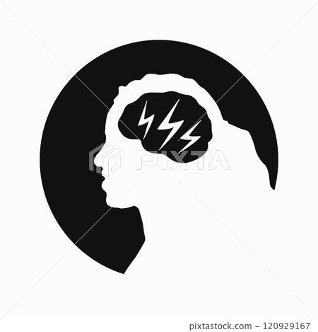 Migraine linear icon. Woman head with lightning bolt. Thunderclap head. Temple pressure, pain. Flu symptom. outline symbol. Vector illustration isolated outline drawing in black color 120929167